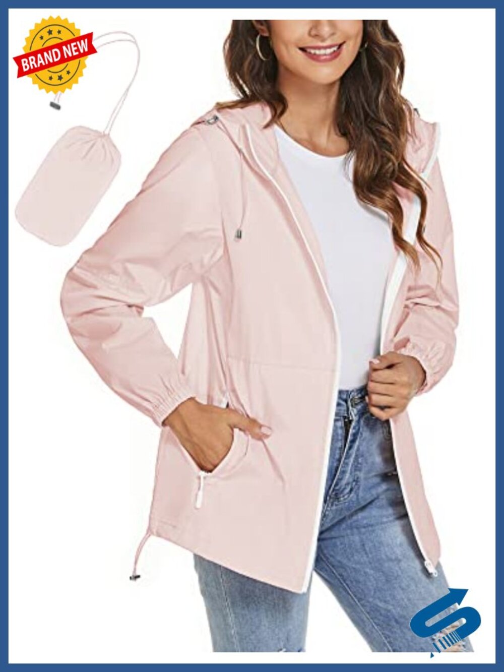 Waterproof Women's Rain Jacket Windbreaker Packable Lightweight W/ Pouch